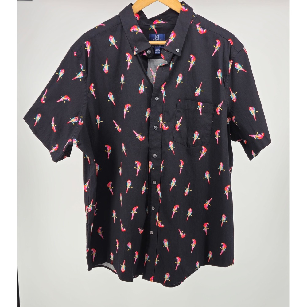 George Mens Parrot Print Button Down Black Hawaiian Short Sleeve Classic Fit 2XL